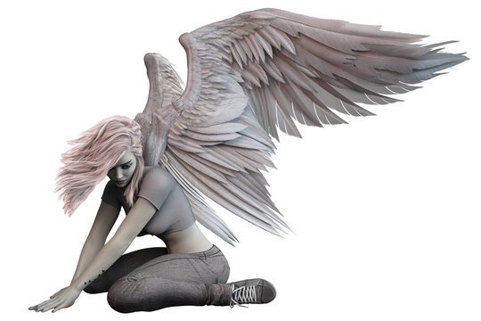 Fallen Angel with White Wings Caucasian Woman on Isolated White Background, 3D illustration, 3D Rendering