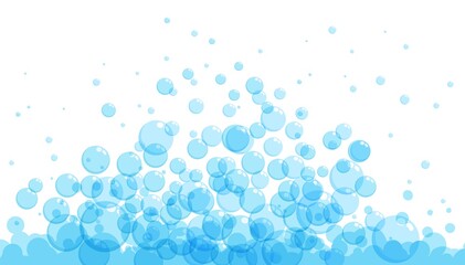 Soap bubbles in cartoon style. A foam sample with blue round shapes. Vector illustration of a card with shampoo or drinking foam. Simple soap background. Oxygen circles fly up.