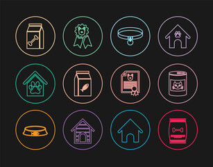 Set line Bag of food for pet, Canned cat, Collar, Dog house and paw print, Certificate dog and award symbol icon. Vector