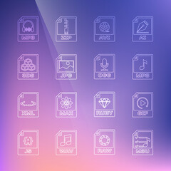 Set line M3U file document, GIF, MP3, AVI, JPG, 3DS, and OGG icon. Vector