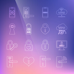 Set line Digital door lock with wireless, Monitor password, Cloud VPN interface, Mobile and, Please not disturb, Keyhole eye, scan and Castle the shape of heart icon. Vector