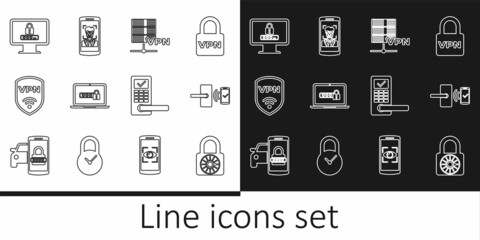 Set line Safe combination lock wheel, Digital door with wireless, Server VPN, Laptop password, Shield, Monitor, and Mobile and face recognition icon. Vector
