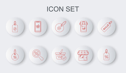 Set line Discount percent tag, Price with dollar, Market store, Mobile and shopping basket, Magnifying glass and Shopping check mark icon. Vector