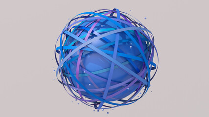 Group of colorful circle shapes and blue textured sphere. White background. Abstract illustration, 3d render.