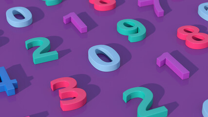 Fototapeta premium Group of colorful numbers. Purple background, Abstract illustration, 3d render, close-up.