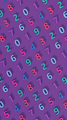 Bright colorful number pattern. Purple background. Abstract vertical illustration, 3d render.