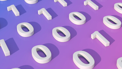 Numbers zero and one. Binary code concept. Blue and pink background. Abstract illustration, 3d render, close-up.