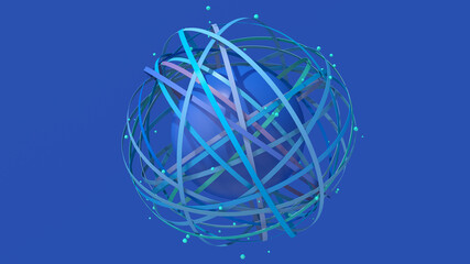Group of blue circle shapes and blue textured sphere. Blue background. Abstract illustration, 3d render.