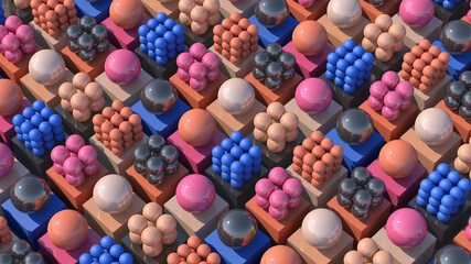 Group of pink, orange, gray, blue balls and cubes. Abstract illustration, 3d render.