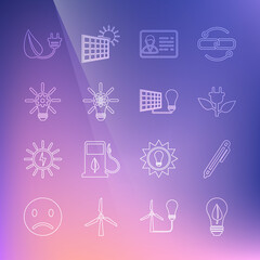 Set line Light bulb with leaf, Pen, Electric saving plug in, Identification badge, gear, and Solar energy panel and light icon. Vector