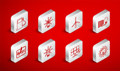 Set line Solar energy panel, Light bulb with gear, Wind turbine, and light, Petrol or Gas station, and Signed document icon. Vector