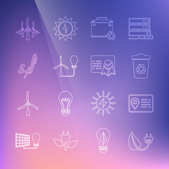 Set line Electric saving plug in leaf, Address book, Recycle bin with recycle, Car battery, Light bulb wind turbine, Signature, Wind turbines and Certificate template icon. Vector