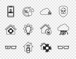 Set line Smart glasses, Glasses, Humidity, home remote control system, Mobile and password protection, Light bulb gear, and Internet of things icon. Vector