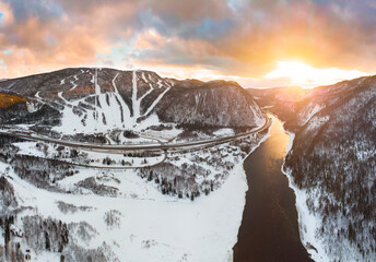 Crisp winter sunset over the ski mountain