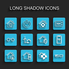 Set line House humidity, Smart home remote control system, glasses, with wind turbine, Mobile wi-fi wireless and under protection icon. Vector