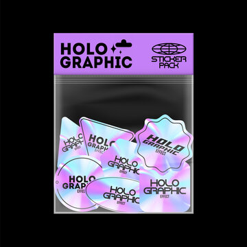 Holographic sticker pack. Color hologram labels of various shapes, high-quality sticker design, with texture and glitter. Set of 8 geometric shapes