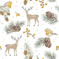 Christmas seamless pattern, robin birds, deer animal, berries, fir twigs, cedar cones, white background. Vector illustration. Nature design. Season greeting. Winter Xmas holidays - 463907630