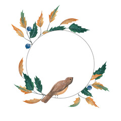 Watercolor hand-painted autumn floral frame with bird. 