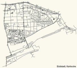 Detailed navigation urban street roads map on vintage beige background of the quarter Südstadt district of the German regional capital city of Karlsruhe, Germany