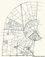 Detailed navigation urban street roads map on vintage beige background of the quarter Nordstadt district of the German regional capital city of Karlsruhe, Germany