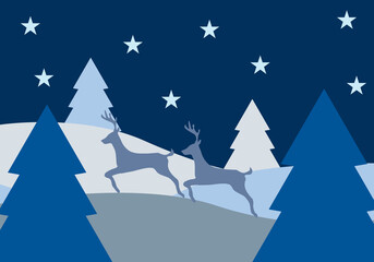 Obraz premium Paisaje nocturno e invernal con renos en navidad. 