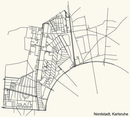 Detailed navigation urban street roads map on vintage beige background of the quarter Nordstadt district of the German regional capital city of Karlsruhe, Germany