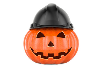 Halloween pumpkin with black hardhat, 3D rendering