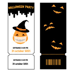 Two sides of halloween ticket template in flat style. Vector illustration with symbols of the holiday, pumpkin in a protective mask, protection against infection with COVID-19.