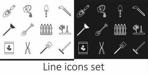 Set line Garden rake, Planting tree in the ground, trowel spade or shovel, for leaves, fence and Watering can icon. Vector