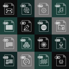 Set line JS file document, OGG, GIF, DLL, AI, XLS, EML and HTML icon. Vector