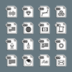 Set line EML file document, RAW, JS, SVG, HTML, PDF, WAV and MP4 icon. Vector