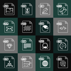 Set line AVI file document, GIF, HTML, AI, PNG, EML, JPG and PPT icon. Vector