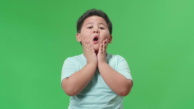 The Shocked Asian Little Boy Surprise While Saying Wow On Green Screen Background In The Studio
