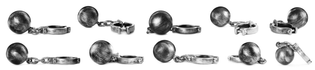 Set with metal balls and chains on white background, banner design