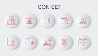 Set line Delivery package with umbrella, Cardboard box traffic, This side up, Verification of delivery list, Warehouse, Location cardboard and Scale icon. Vector