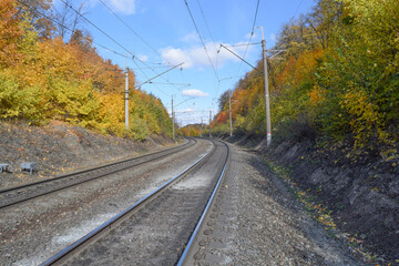 Fototapeta na wymiar A double-track railway passes through the forest on an autumn sunny day