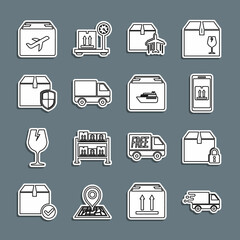 Set line Delivery truck in movement, Locked package, Mobile with app tracking, Plane and cardboard box, cargo vehicle, security shield, and Cargo ship boxes icon. Vector