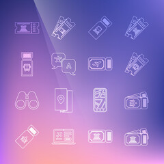 Set line Museum ticket, Airline, Bus, Train, Translator, and icon. Vector
