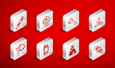 Set line Compass, Canteen water bottle, Wooden axe, Tourist tent with flag, Campfire, Flashlight, Thermos container and Slingshot icon. Vector