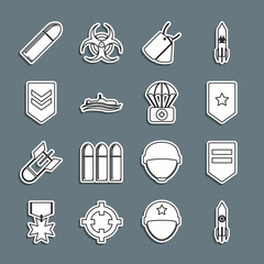 Set line Nuclear rocket, Chevron, Military dog tags, Submarine, Bullet and Parachute with first aid kit icon. Vector