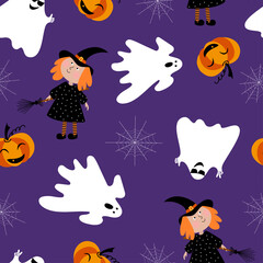 Fototapeta premium Endless background with ghosts, witch, and pumpkin. Festive texture on a purple background for Halloween. Seamless Repeat Pattern. Vector pattern for textiles, packaging, paper, wallpaper.