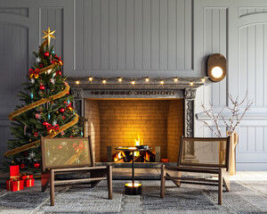 Mock-up of a living room with fireplace, Christmas tree and presents, 3d rendering, 3d illustration