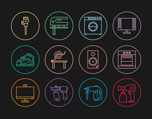 Set line Paint spray gun, Oven, Washer, Table saw for woodwork, Electric planer tool, Construction jackhammer, Stereo speaker and jigsaw icon. Vector