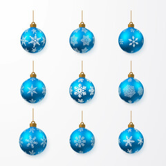 Blue shiny glowing and transparent Christmas balls. Xmas glass ball. Holiday decoration template. Vector illustration