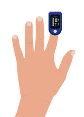 Fingertip pulse oximeter. Medical device for measuring oxygen saturation and heart rate. Portable equipment for identifying patients with coronavirus. Pulse oxymeter, hand. Flat vector illustration