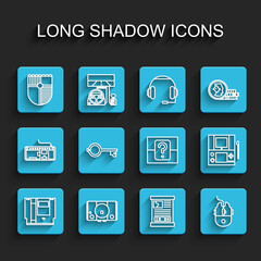 Set line Cartridge, Video game console, Shield for, Game guide, Computer mouse gaming, Ancient key, Portable video and Mystery random box icon. Vector