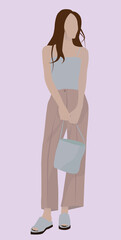 A girl in a gray T-shirt, brown pants and gray basso legs. Lady with a gray bag. Summer strict business bow. Vector flat illustration. Design for postcards, avatars, templates, textiles.