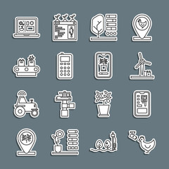 Set line Chicken farm and camera, Smart control farming system, Wind turbine, Plant status, Remote, Conveyor belt with box, technology and icon. Vector