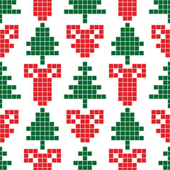 Christmas holiday pattern. Green fir trees and red Christmas tree toys on a white background. Vector seamless pattern in embroidery style. Classic colors.