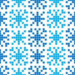 New Year's ornament. Vector seamless pattern in embroidery style. Blue snowflakes on a white background.